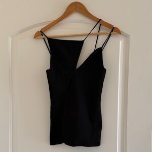 Paris Georgia Minimalist Black Asymmetric Spaghetti-Strap Top